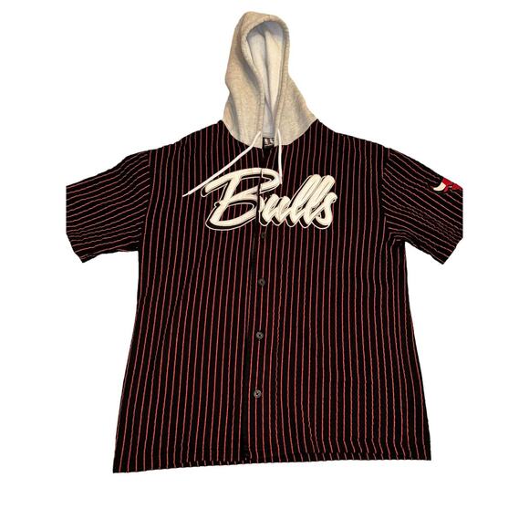 VTG NBA Bulls Hooded Shirt Jacket Mens L Black Red Striped Spellout Arm Patch - Picture 1 of 7